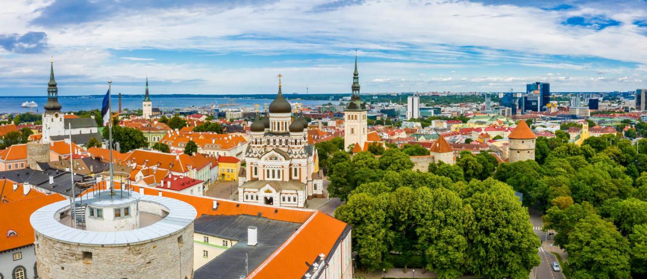 late afternoon sunset aerial view overlooking medieval walled city tallinn estonia early autumn day baltics region northern europe