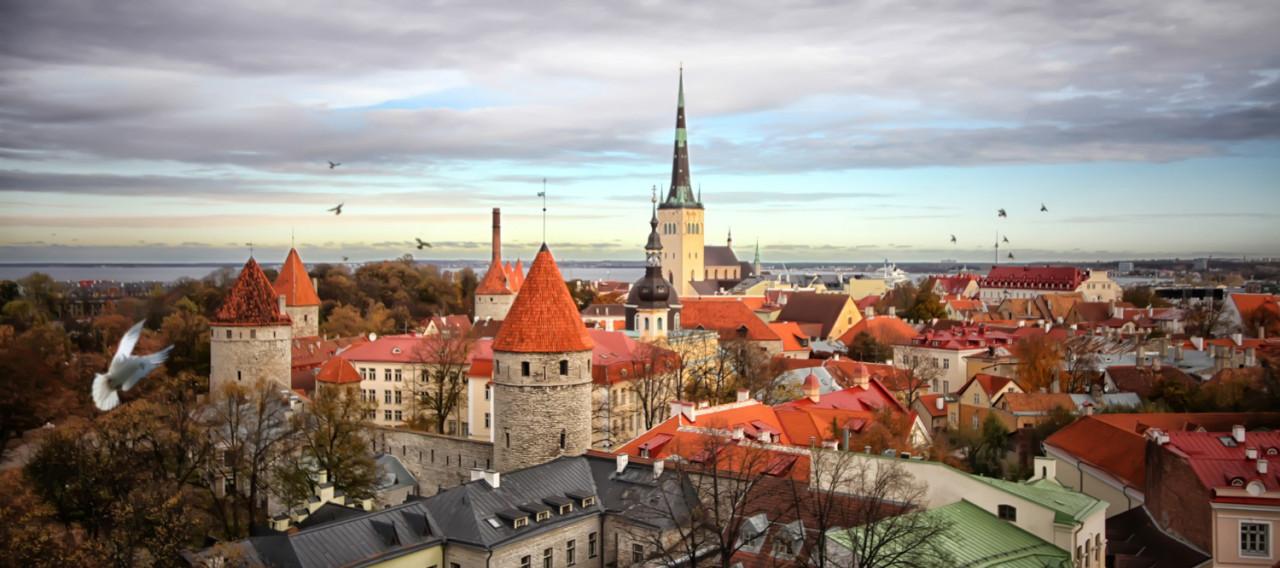 aerial cityscape with medieval old town st olav s baptist church tallinn city wall tallinn estonia medieval walled city baltic sea region northern